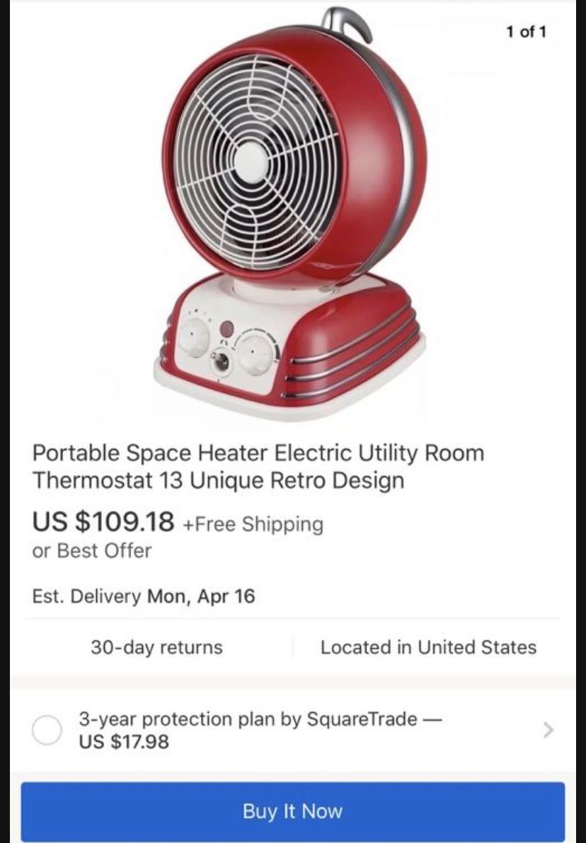 RETRO FAN HEATER WITH TWO HEAT SETTINGS ADJUSTABLE THERMOSTAT 90 DEGREE OSCILLATION