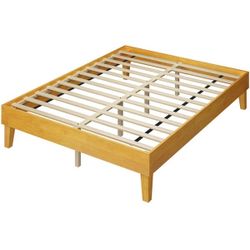 Wood Bed Frame, Wooden Platform Bed Frame w/Plywood Slats, Wood Mattress Foundation, Bed Frame with Sturdy Slat Support, Without Headboard, No Box Spr