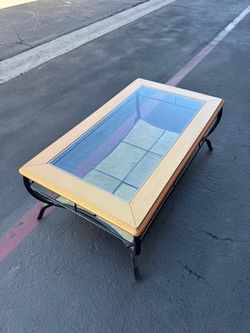 Glass and Wood Top Coffee Table with Stone Shelf