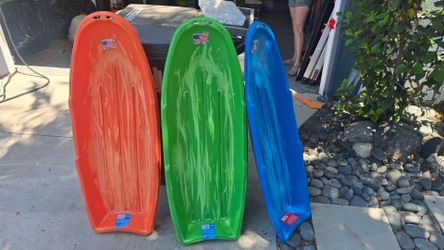 3 Plastic Toboggan Snow Sleds - Orange, Green, Blue
