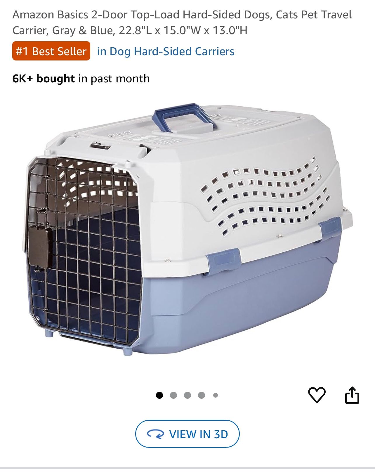 Amazon Basics 2-Door Top-Load Hard-Sided Dogs, Cats Pet Travel Carrier, Gray & Blue, 22.8"L x 15.0"W x 13.0"H