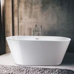 54in Acrylic Flatbottom Freestanding Non-Slip Soaking Bathtub in White/Polished