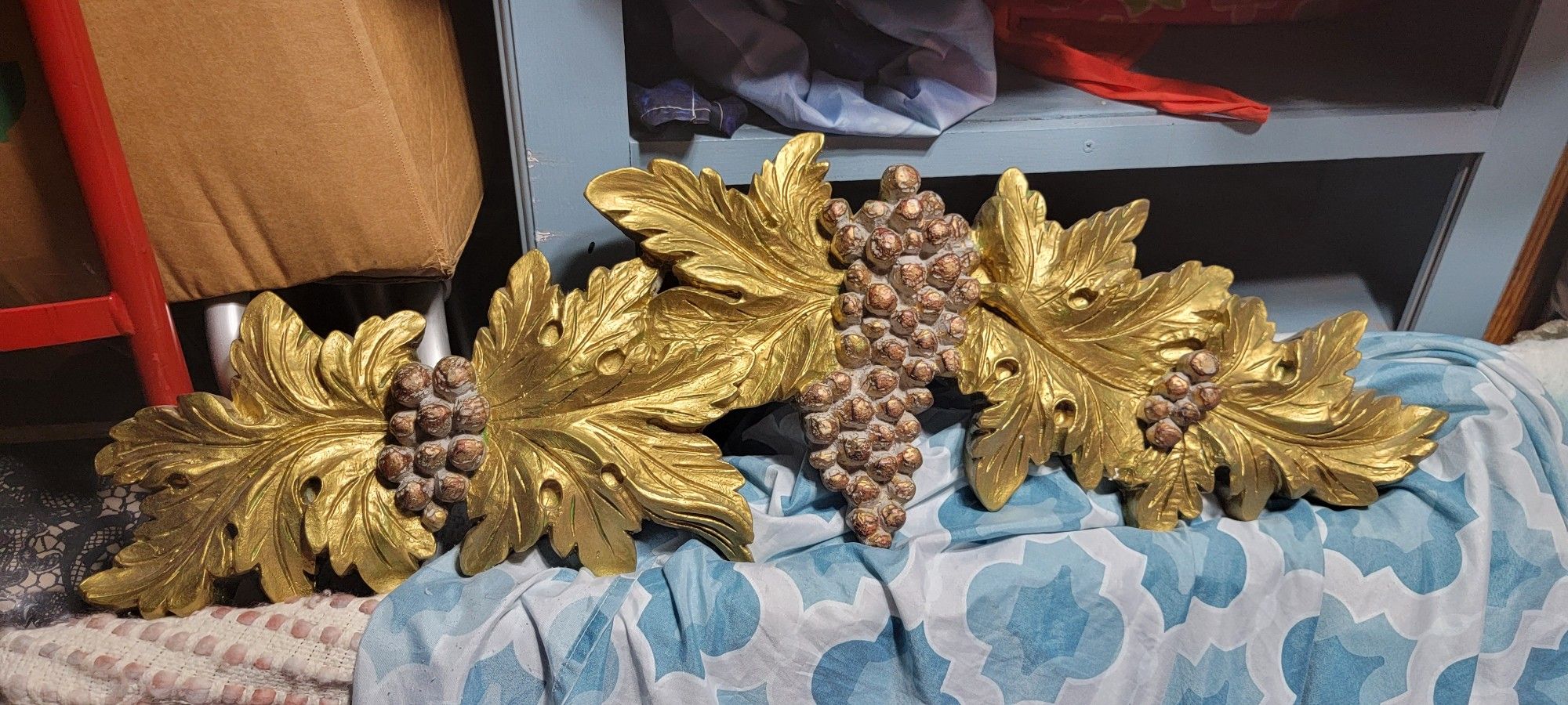 33 1/2 Inch Long Vintage Gold grape Cluster Pediment Wall Sconce