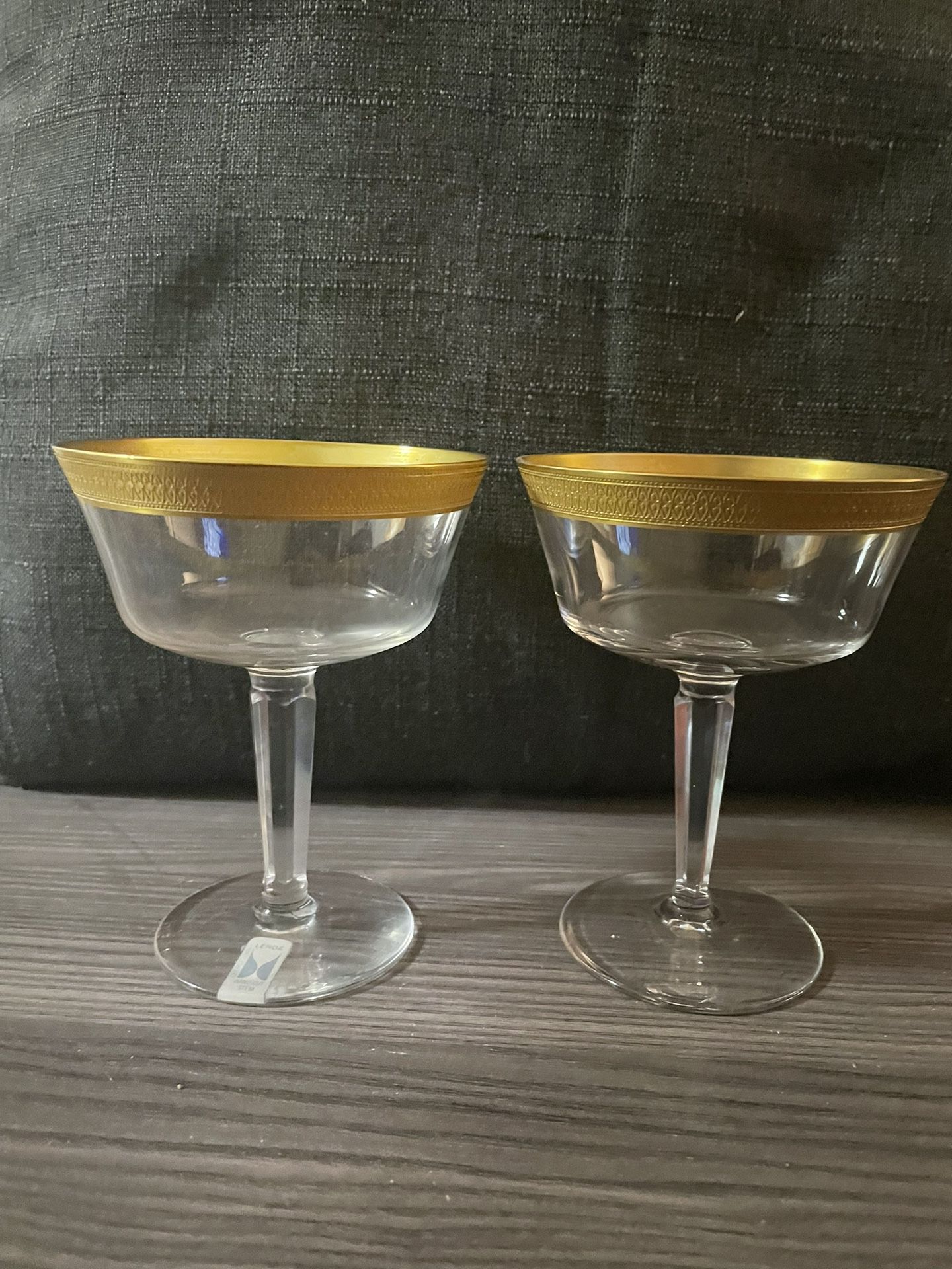 2 Champagne Sherbet  5-1/8" Glasses Crystal Lenox gold Hand-cut Stem Georgetown