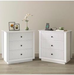 24" Wide White Nightstand Set of 2 with 3 Drawers, Charging Station