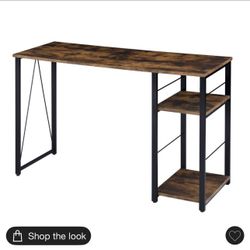 2-Tier Rectangular Writing Desk, Spacious Office Desk with Open Shelves and Metal Base for Computer Setup, Brown