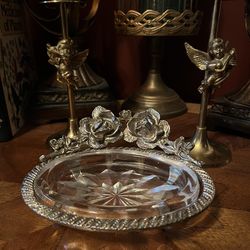 Vintage Roses & Glass Footed Trinket / Soap Dish