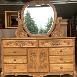 Exquisite Solid Oak Hand Carved Dresser with Heart Mirror
