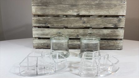 Farmhouse Slatted Wood Floor Storage Tower with Glass Jars & Acrylic makeup organizer