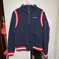 Tommy Hilfiger Navy Stand Collar Striped Tape Bomber Jacket Size M