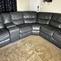 Gray Reclining LED Leather Couch 