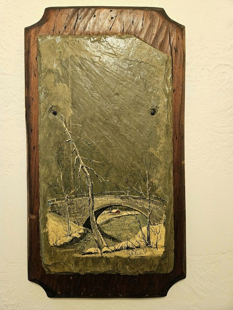 New England Folk Art Painting On Slate Mounted On A solid Wood Plaque