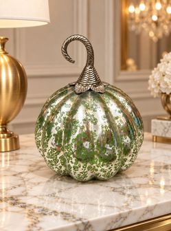 Elegant Green & Silver Mercury Glass Decorative Pumpkin