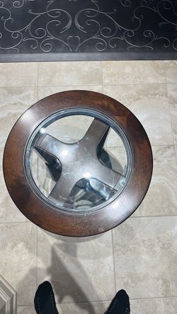 (2) Round Geometric Wood & Glass Accent Table