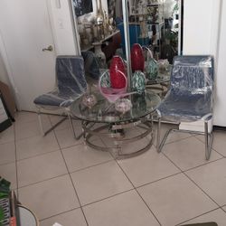 Set 3 Pieces 2 Cairs Chrome Fabric Blue,Round Living Table 