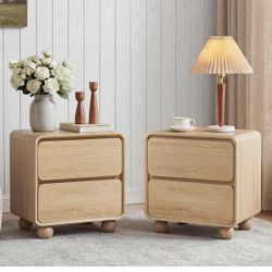Small Night Stand Set of 2, Mid Century Modern Nightstands with 2 Drawers and Solid Wood Legs, 2 Drawer Dresser Curved Profile Design End Table Side T