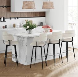 Swivel Linen Fabric Upholstered Beige 30 inch Barstools with Chrome Plated Metal Feet Set of 4