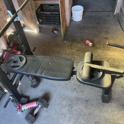 Bench press and rack with leg bress + Barbell And Plates