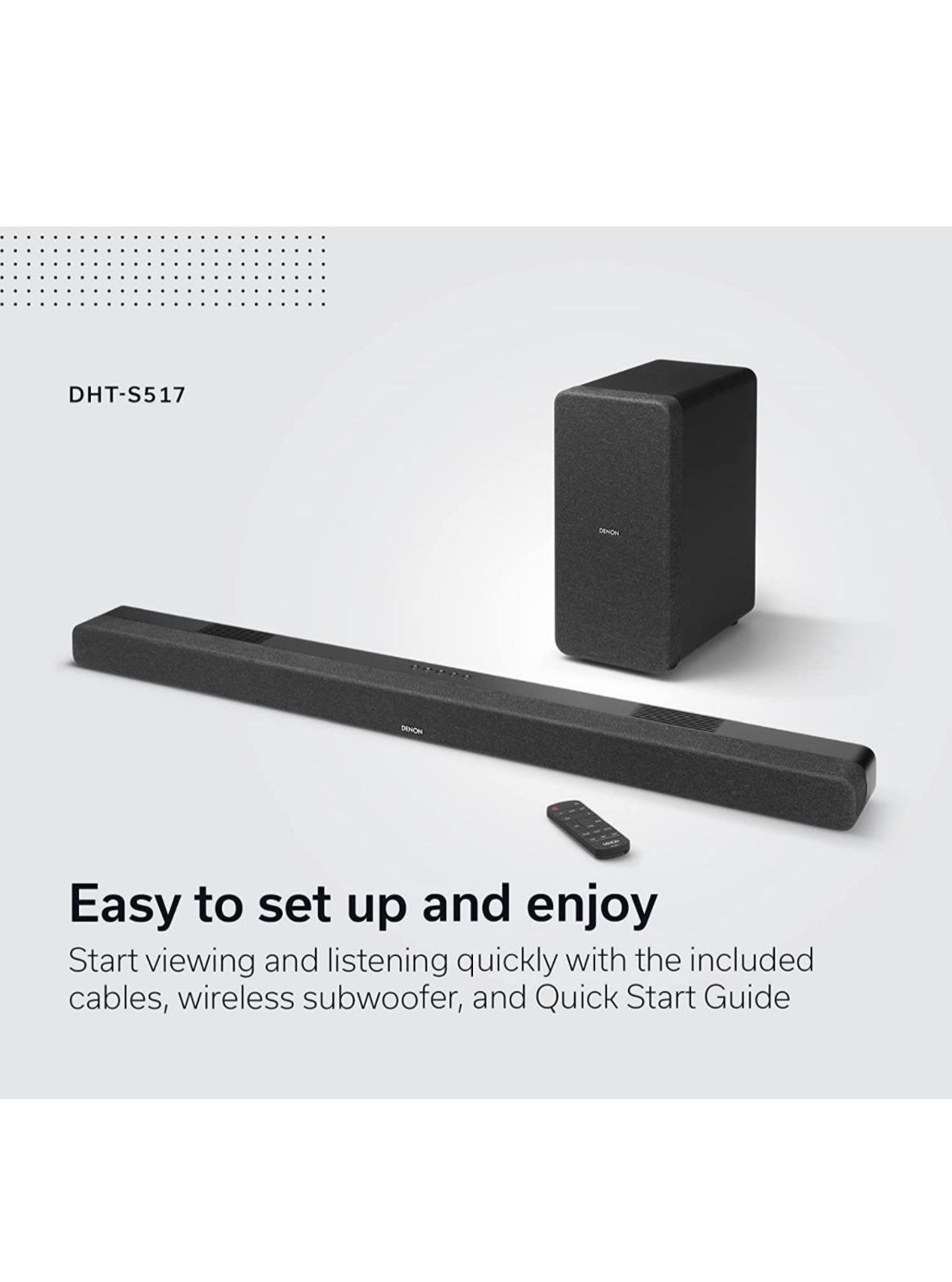 Denon DHT-S517 Sound Bar for TV with Wireless Subwoofer (2022 Model), 3D Surround Sound, Dolby Atmos, HDMI eARC Compatibility, Wireless Music Streamin