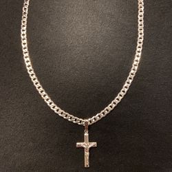 Real Solid Silver Chain Cuban Link Necklace 20in 4mm And Silver Cross Pendant Set 