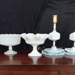 Vintage / Mid-century Milk Glass Collection (Candlestick Holder, Table Lamps, Compote Dishes) Hobnail Fenton