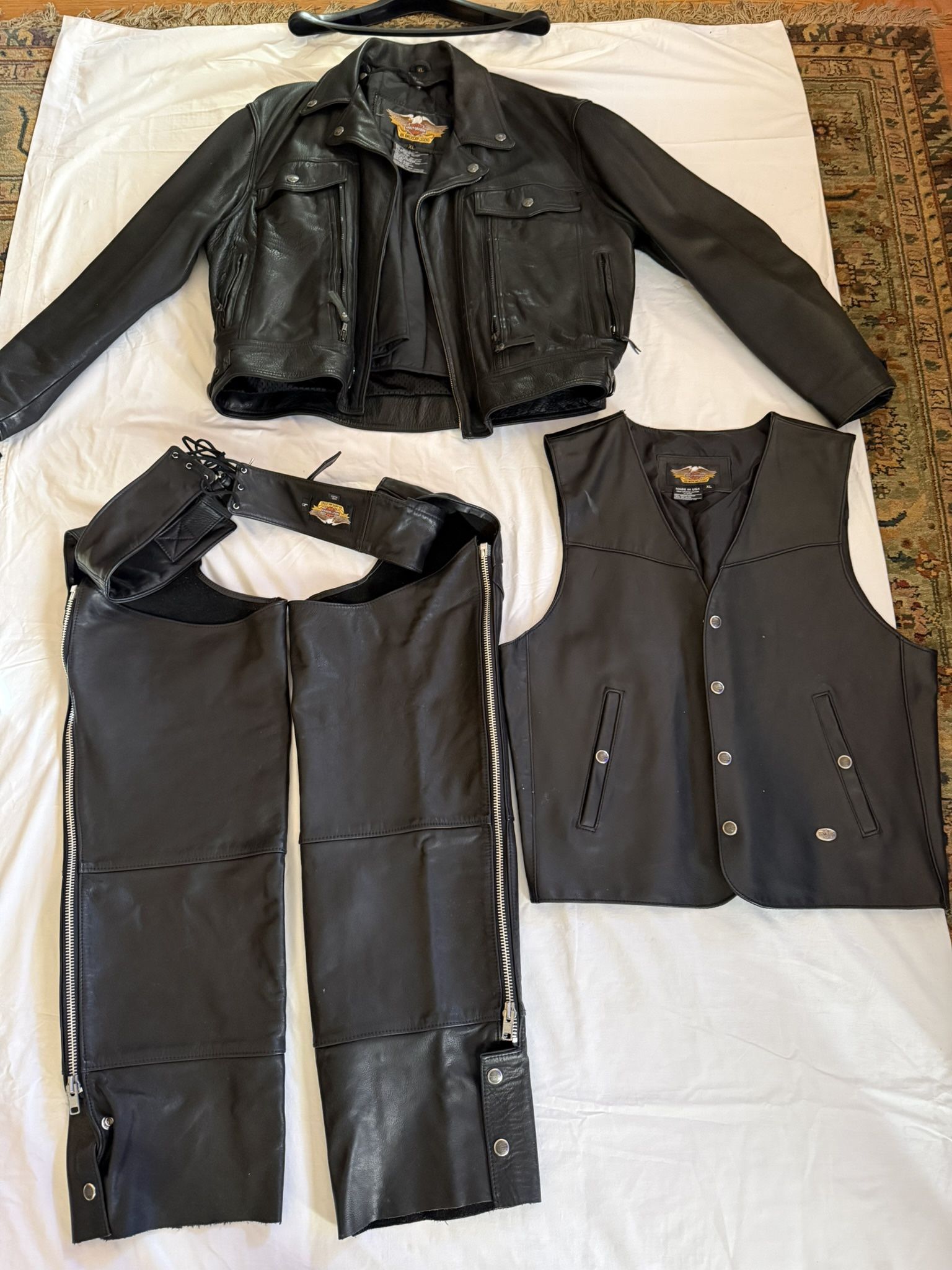 Vintage Men’s Harley Davidson Genuine Leather Jacket, Vest and Chaps Bundle