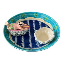 Summer Stock Chip And Dip Swimming Pool Bowl Ceramic Blue 2000 Hand Painted Read  Please look at pictures. Small chip on side. This charming ceramic b
