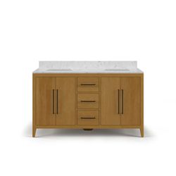 PRESIDENTS DAY SALE - 60" Brown Solid Wood Bathroom Vanity with Marble Top (L)