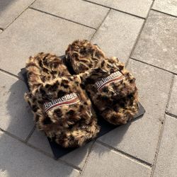 Balenciaga leapord cheetah print fur slides