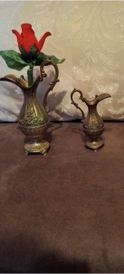 Two Vintage Ornate Brass Pitchers with Intricate Floral Design