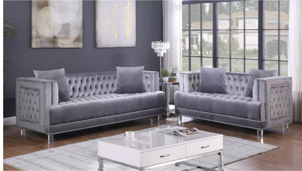BRAND NEW 2pc Grey Velvet Sofa Set
