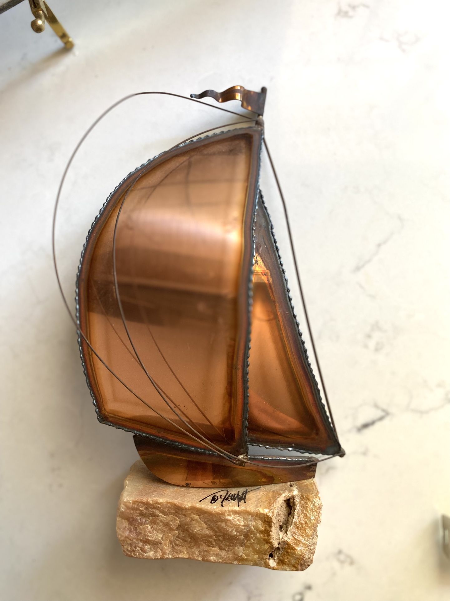 Vintage Mid-Century Modern Brutalist Sailboat Sculpture Paperweight on Marble Base Artist signed