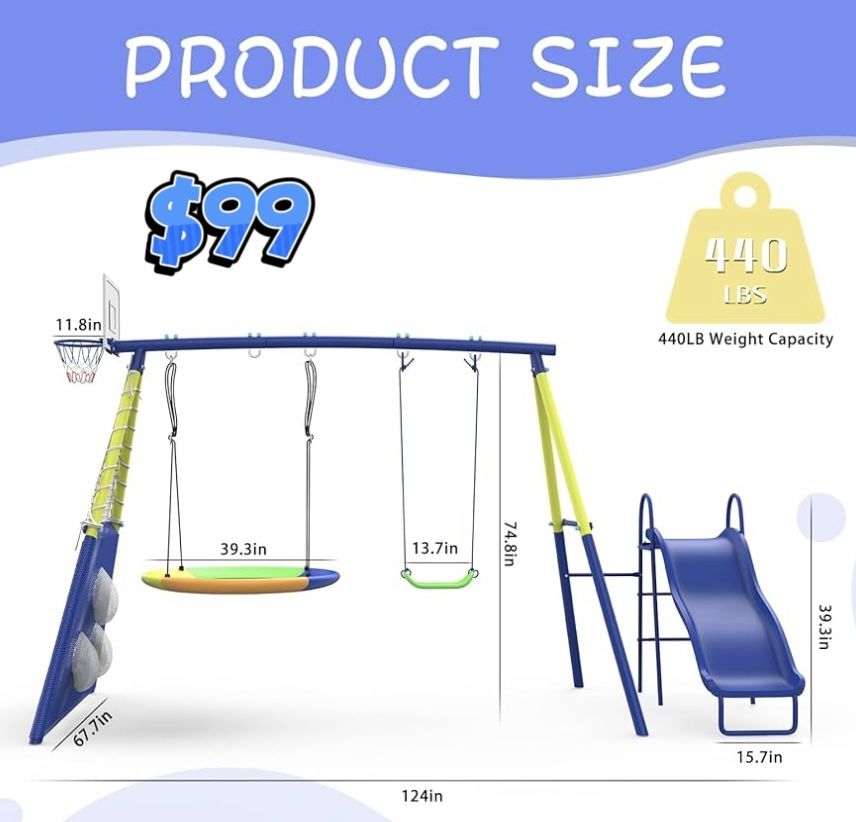 😀 Swing Sets for Backyard with Kids Slide Outdoor Heavy-Duty Metal Playset for Kids 5 in 1 Swing Set with Slide, Saucer Seat, Belt Seat