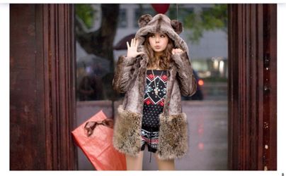 Faux fur winter jacket with bear hoodie