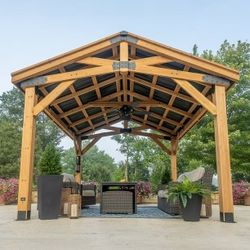 Backyard Discovery 14' x 12' Cedar Wood Peak Roof Gazebo with PowerPort 