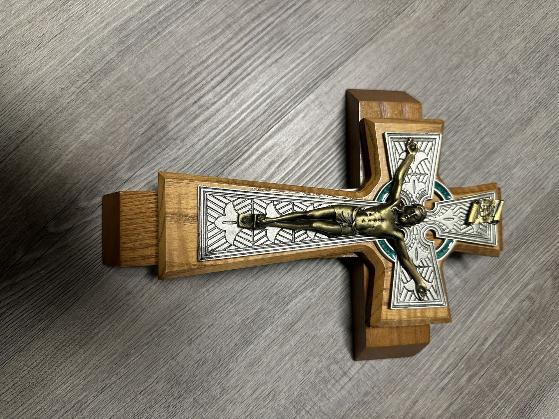 Walnut And Pewter Celtic Cross Wall Hanging 11 Inches Long By 7 1/2 Inches Wide