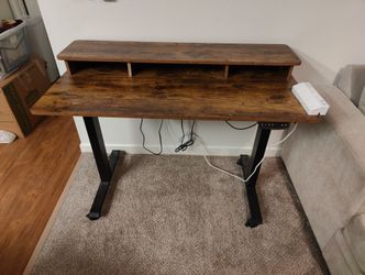 48 x 24 Inch Height Adjustable Electric Standing Desk with Double Drawer, Stand Up Table with Storage Shelf, Sit Stand Desk, Rustic Brown