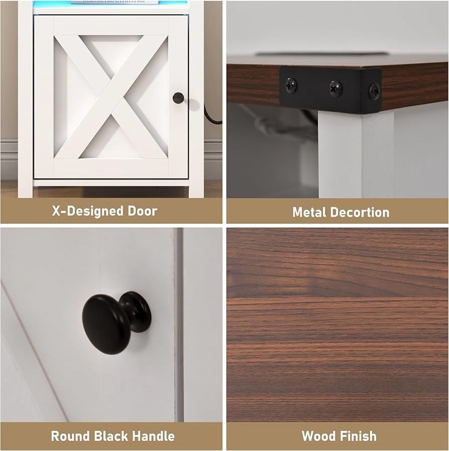 Farmhouse Nightstand Set of 2, LED End Tables Living Room Set of 2 with Charging Station, Barn Door & Storage Shelf Farmhouse Nightstand Set of 2, LED End Tables Living Room Set of 2 with Charging Station, Barn Door & Storage Shelf
