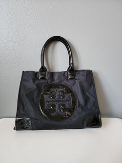 Tory Burch Ella Tote Bag in Black Nylon with Patent Logo