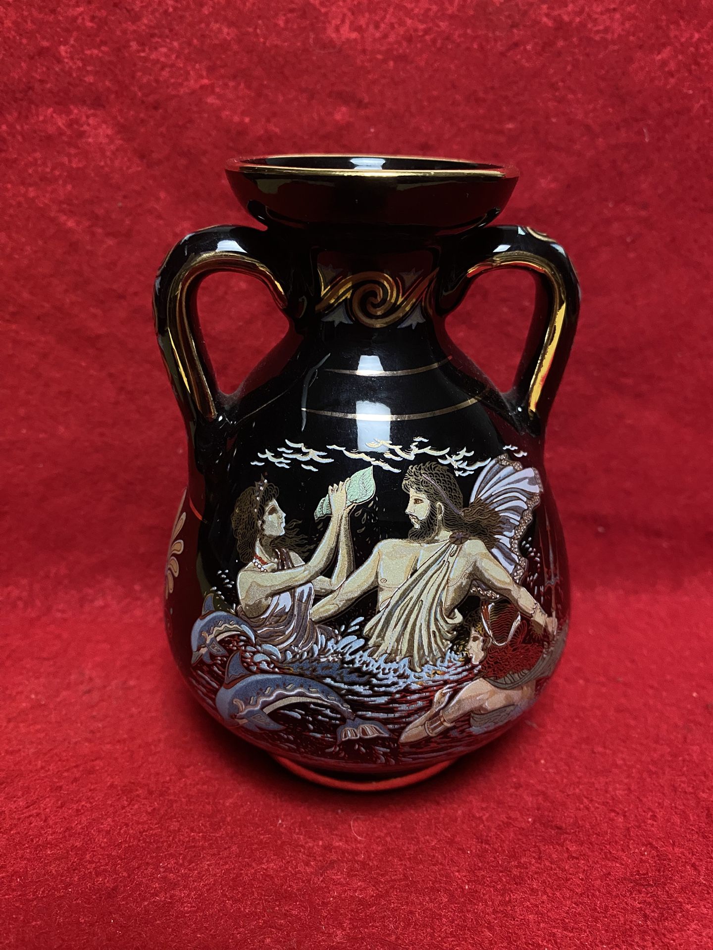 4.75 Inch 24k Black & Gold Handmade In Greece Imported From Greece Greek Ceramic Vase