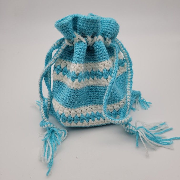 Vintage Fringed Knitted Drawstring Bag In Aqua/Teal Blue And White