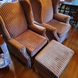 Two Wingback Chairs and Ottoman