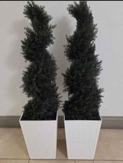 PAIR of 3ft Faux Cedar Spirals in 16in White (Rattan) Planters (2 for $100) @ Lasting Creations