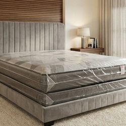 New Queen Size Bed Frame With MATTRESS And Box spring Set 3pcs // Gray BED Frame Velvet Free Delivery Everything Included // Cama Nueva Queen 