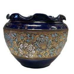 Antique Royal Doulton Jardiniere 1920's Ceramic Pottery Stoneware Blue & Gold-Gilded