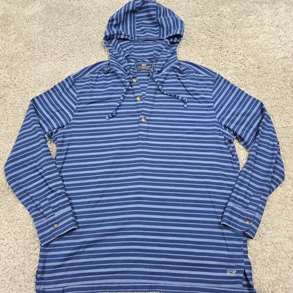 Vineyard Vines Shirt Mens Large Blue Striped Hooded Classic Fit Linen Beach