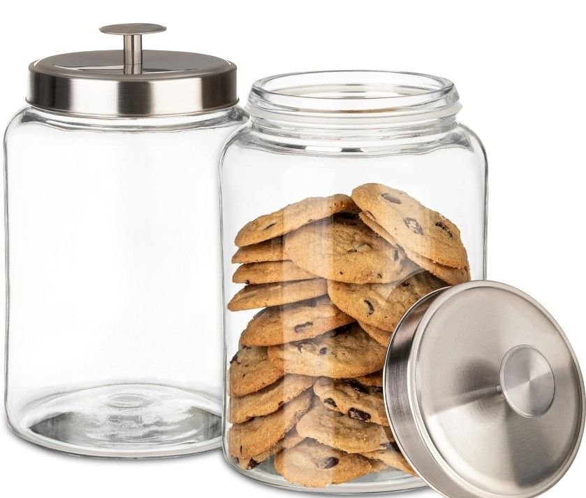 1 Gallon Large Glass Cookie Jar with Airtight Metal Lids - Food Storage Container for Freshness - For Flour, Chewy Pet Treats, Candy, Kitchen Counter