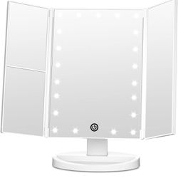 Trifold Vanity Mirror with Lights, Lighted Makeup Mirror 2X/3X Magnification, 21 LED Touch Dimming, Dual Power 180° Rotation Lit Beauty Table Mirror, 