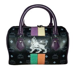 100% Authentic MCM Black Purple Visetos Lion Boston Hand Bag