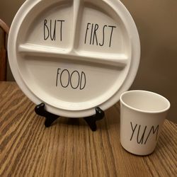 Rae Dunn Baby Melamine Toddler Child Divided Plate & Cup  But First Food Yum